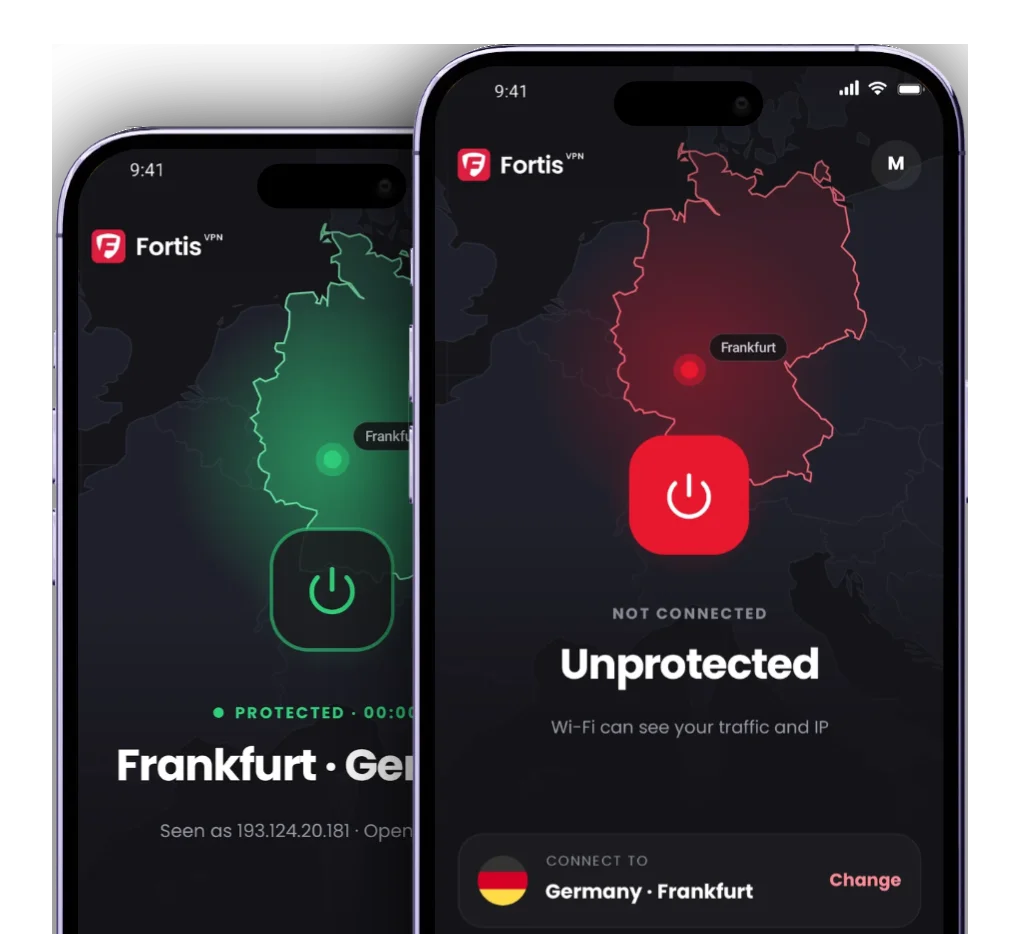 FortisVPN app on iPhone showing a protected and an unprotected connection